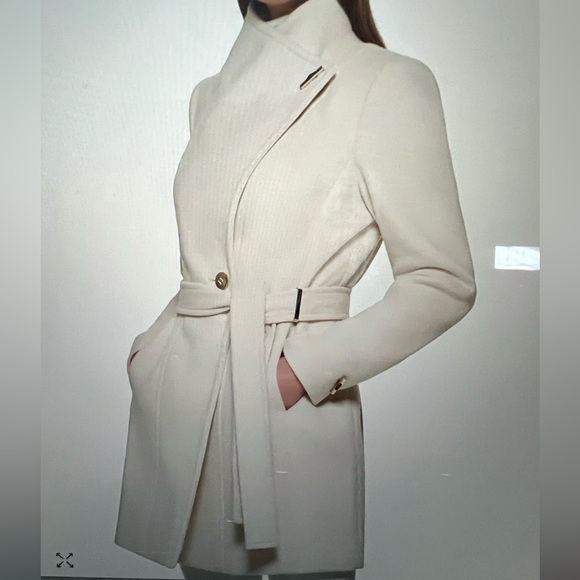 Calvin Klein Wool Shawl Coat women houndstooth M belted plaid khaki cream trench - Picture 4 of 13